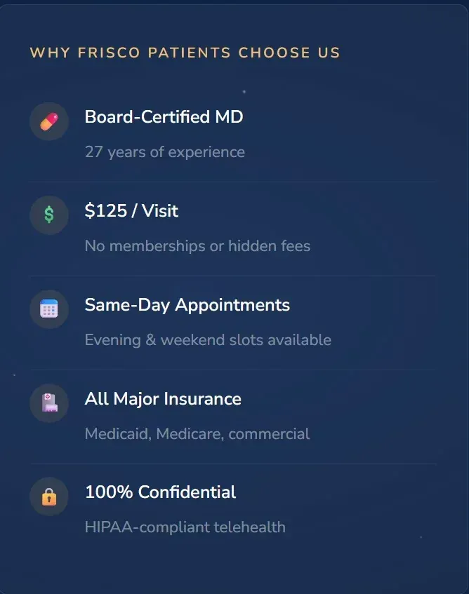 Image of a box showing reasons why Patients in Frisco choose us