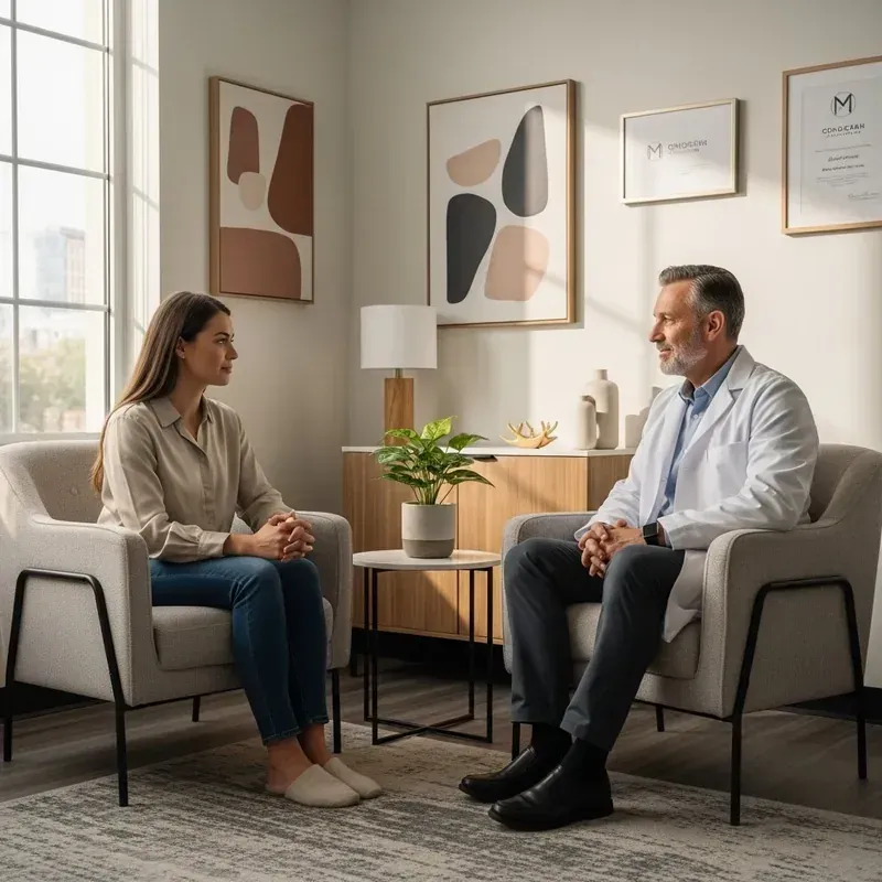 Board-certified physician consulting with a female patient about depression treatment in a comfortable clinic setting — Medivira Frisco TX