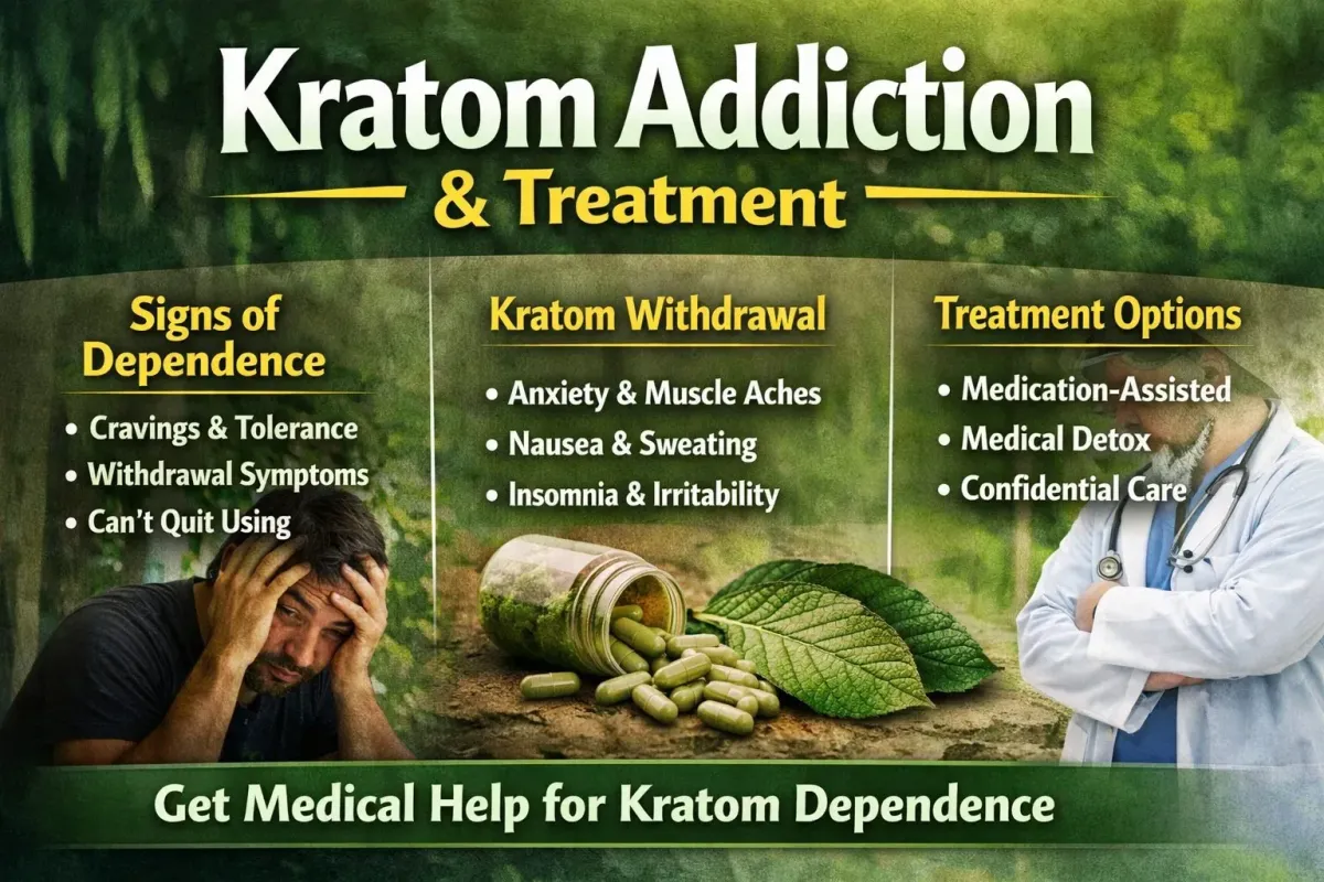 Kratom addiction and treatment infographic by Medivira showing signs of dependence including cravings, tolerance, and withdrawal symptoms, kratom withdrawal effects such as anxiety, muscle aches, nausea, sweating, and insomnia, and treatment options including medication-assisted treatment, medical detox, and confidential care