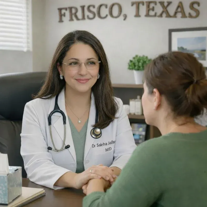 Dr. Saleha Jafar MD wearing stethoscope holding patient's hands during compassionate private consultation at MEDIVIRA addiction medicine and mental health clinic Frisco Texas — same-day Suboxone MAT and mental health treatment