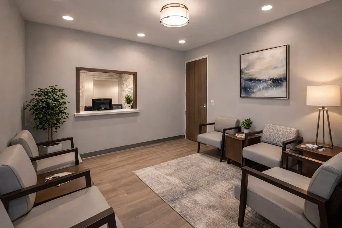Medivira clinic waiting room in Frisco TX with comfortable seating, reception window, and calming decor