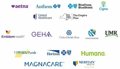 Accepted insurance providers including Aetna, Anthem, BlueCross BlueShield, Cigna, United Healthcare, The Empire Plan, EmblemHealth, GEHA, Oxford Health Plans, Tokio Marine, UMR, 1199 SEIU Funds, Horizon, Humana, MagnaCare, and Meritain Health