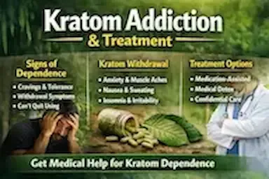 Kratom addiction and treatment infographic showing signs of dependence including cravings, tolerance, and withdrawal symptoms, kratom withdrawal effects such as anxiety, muscle aches, nausea, sweating, and insomnia, and treatment options including medication-assisted treatment, medical detox, and confidential care — Medivira