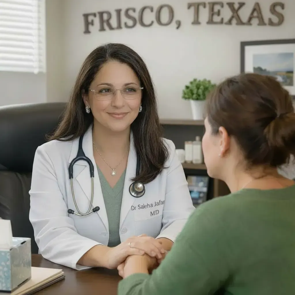 Dr Saleha Jafar,MD Triple Board certified Physician and founder  providing compassionate care to a patient at Medivira in Frisco,TX