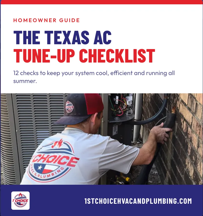 Mockup of 'The Texas AC Tune-Up Checklist' guide showing a technician working on an AC unit