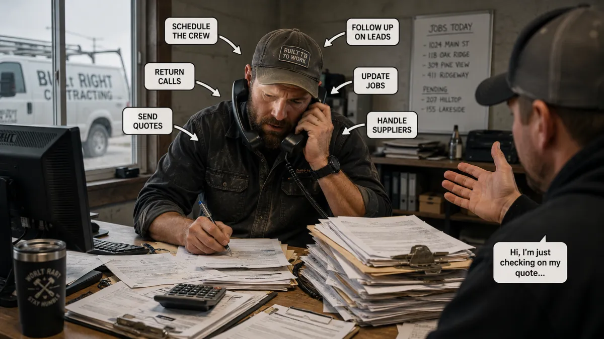 An overwhelmed contractor at his desk