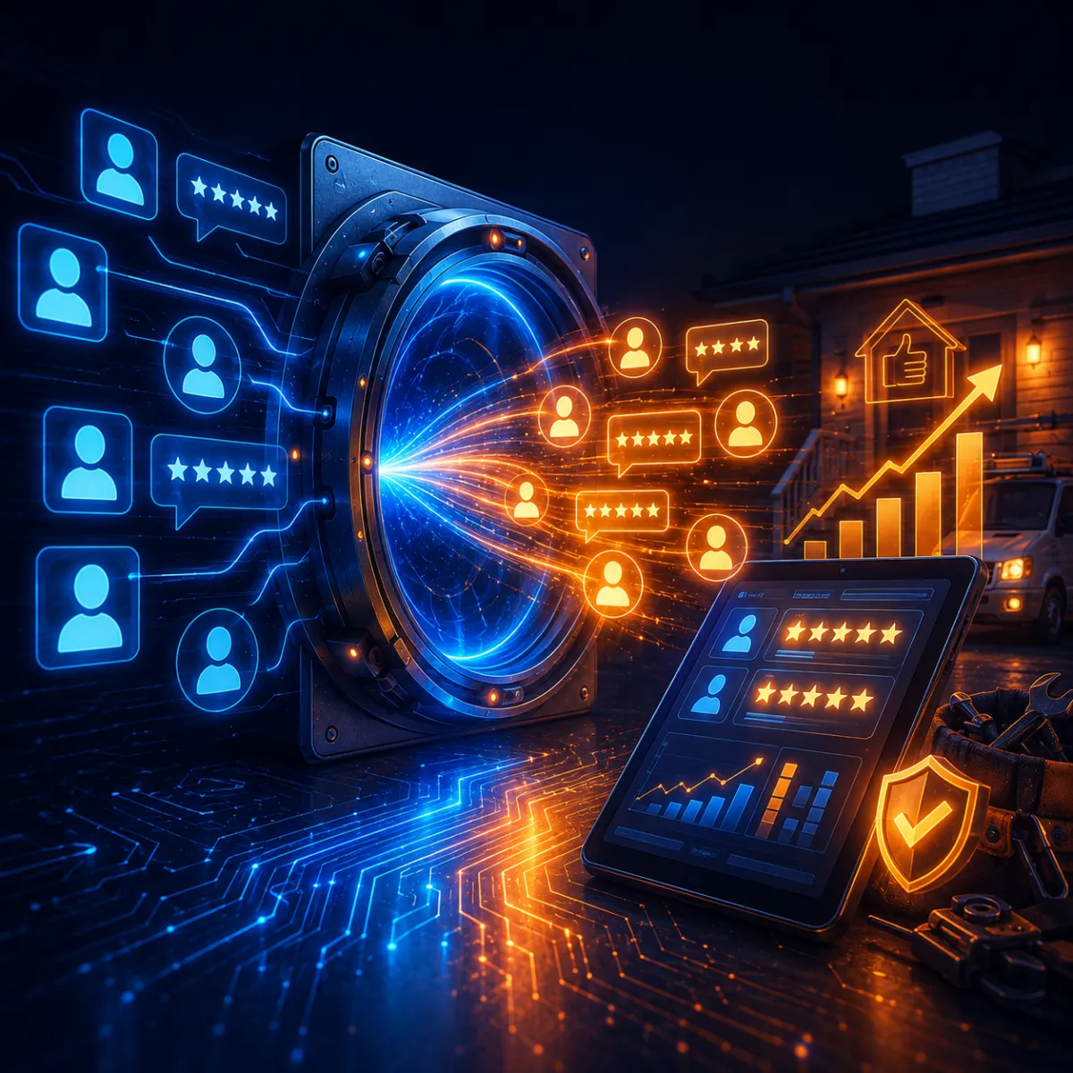 A futuristic neon-style illustration of a computer displaying a five-star rating, floating above a glowing digital platform with circuit-like elements in a dark purple environment.