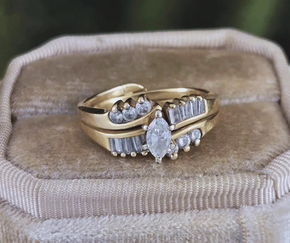 baguette cut and marquise cut diamond and gold ring at vintage jewelry and coin company