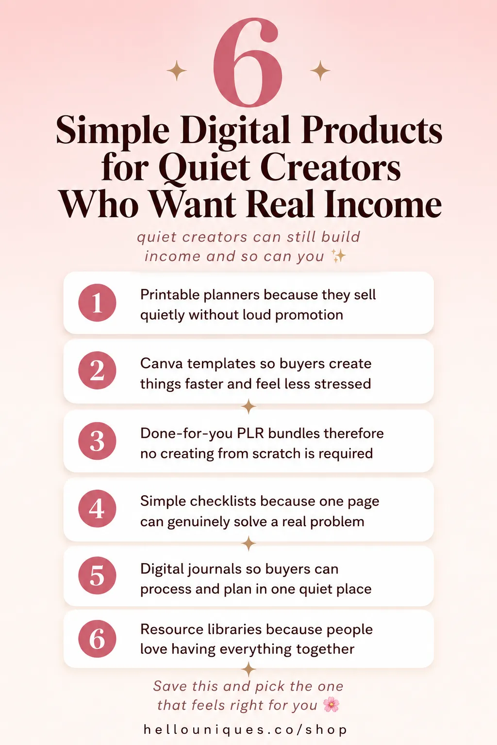 You don't need ten products and  so starting with one is genuinely  the right approach 🌸  ① One product gives you a starting point ✨ ② One listing teaches you the     whole process from scratch 💗 ③ One sale proves the system     actually works for you 🌷 ④ One piece of feedback helps     you improve the next version 🌸 ⑤ One improvement makes your     next product faster and better 💞 ⑥ One product therefore becomes     the foundation everything else     is built on 🌼  Save this because one really is  enough and therefore you can  begin exactly where you are 🌸  → hellouniques.co/shop 💗  #oneproductisenough #simpledigitalproductsystem #digitalproducts #passiveincome #etsyseller #workfromhome #quietincome #saveworthy #plrbundle #beginnermarketing