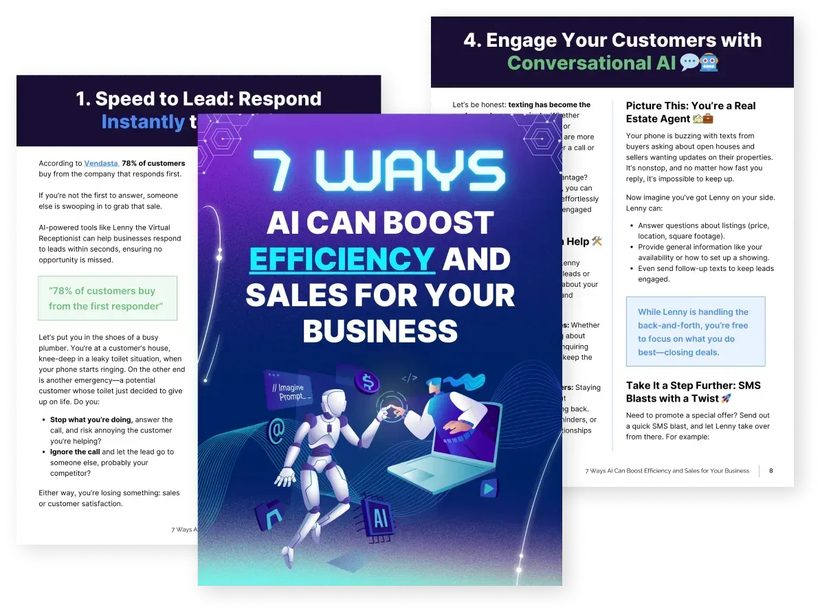 7 ways AI can boost efficiency and sales for your business, featuring a robot assisting a business professional with sales tasks, emphasizing automation and technology benefits.