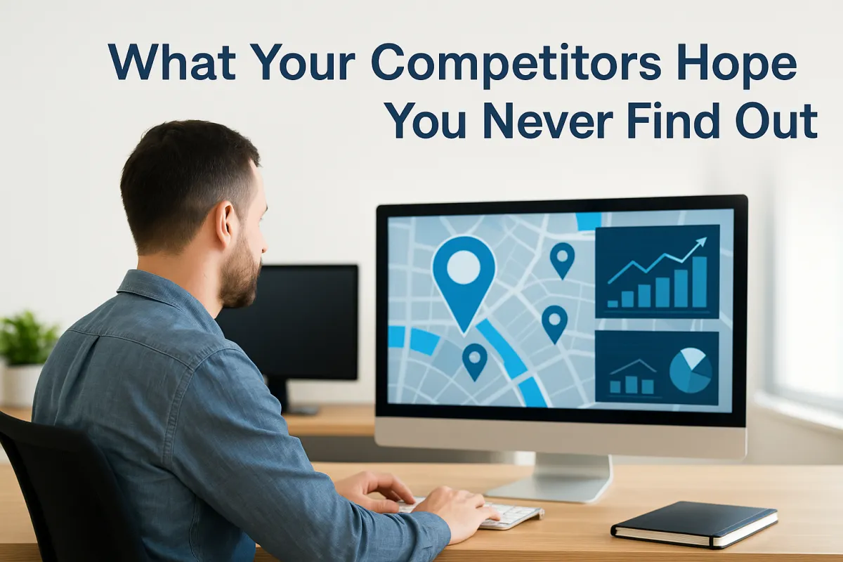 Map graphic highlighting dental competitors with a magnifying glass, featuring "Horn Competitor Dental" and icons representing advertising spend, Google rankings, and competitor offers, emphasizing market analysis for dental practices.