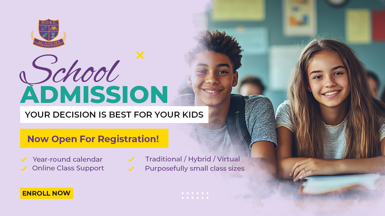 A diverse group of elementary and high school students in HOKE Academy uniforms, smiling and walking together on a sunlit campus path lined with trees. The background features modern school buildings and greenery, with a clear blue sky, evoking a welcoming, inclusive atmosphere.