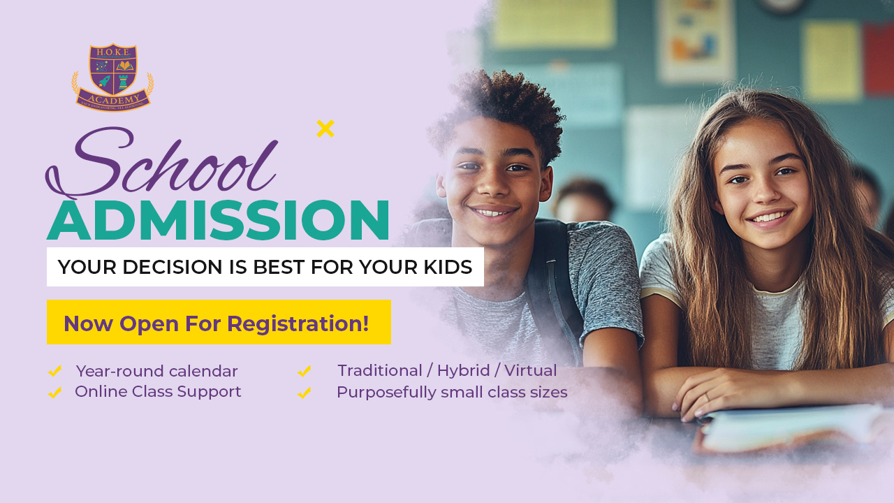 A diverse group of elementary and high school students in HOKE Academy uniforms, smiling and walking together on a sunlit campus path lined with trees. The background features modern school buildings and greenery, with a clear blue sky, evoking a welcoming, inclusive atmosphere.