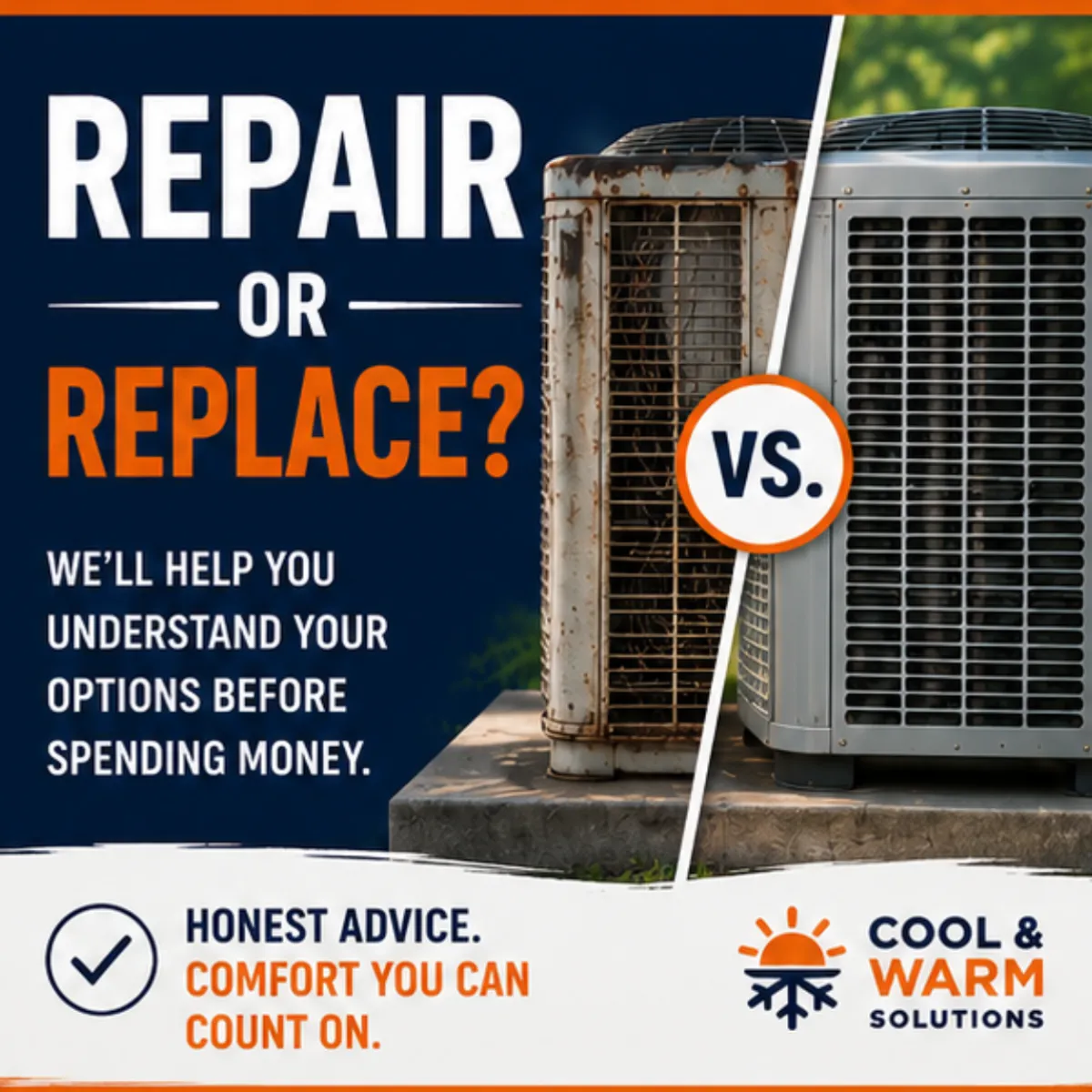 HVAC technician inspecting outdoor AC unit beside brick home