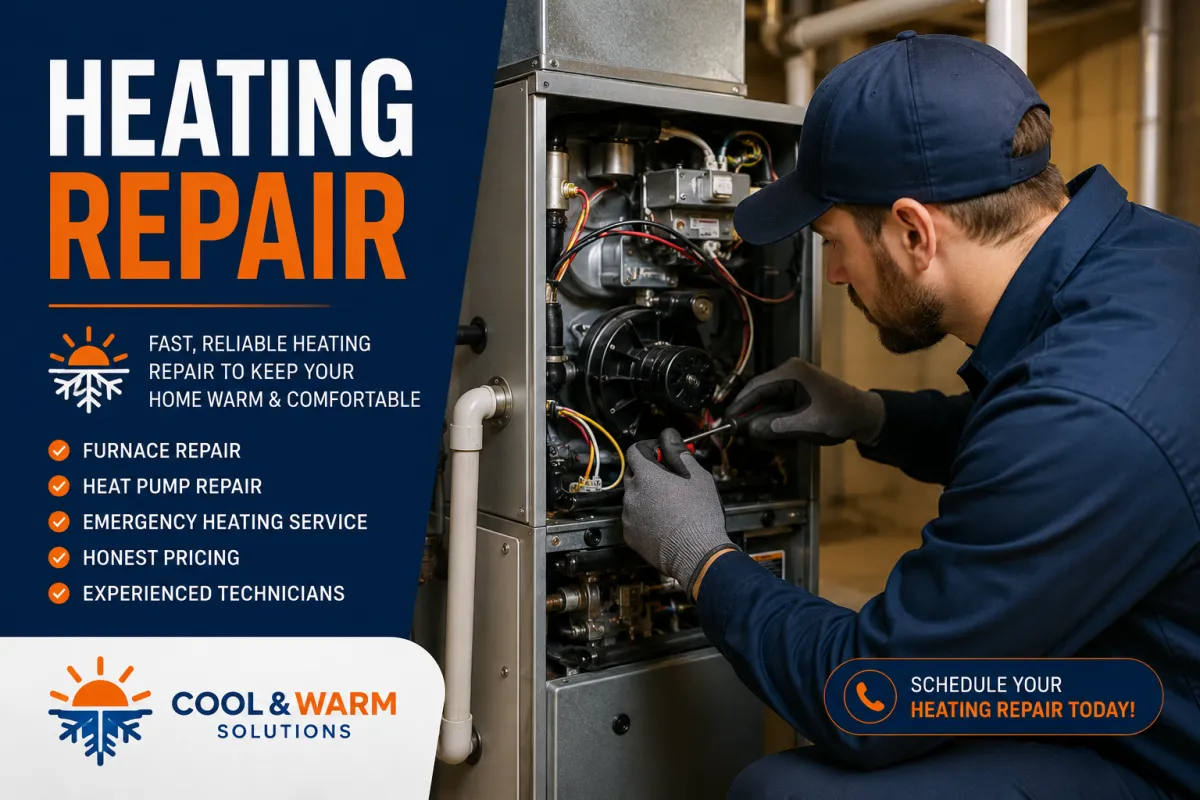 Professional heating repair technician servicing a residential furnace in Tupelo, MS for Cool & Warm Solutions.