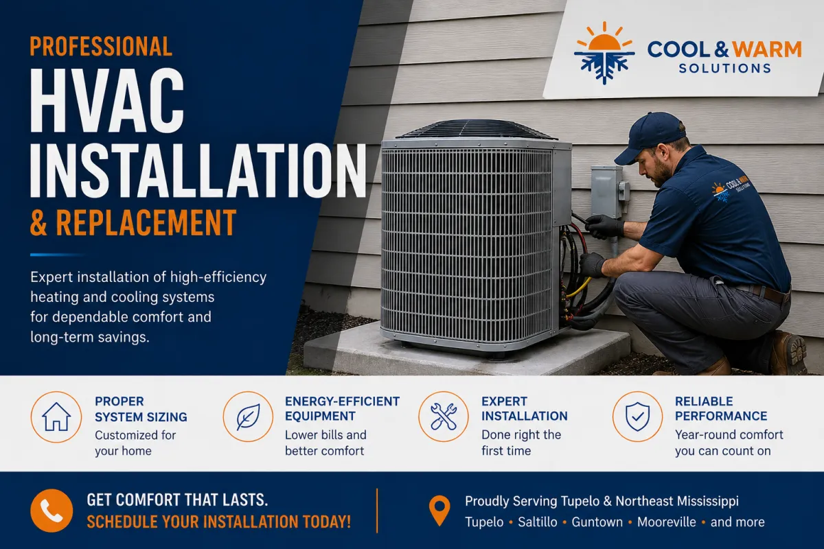 Professional HVAC technician installing a new high-efficiency heating and cooling system at a home in Tupelo, Mississippi.