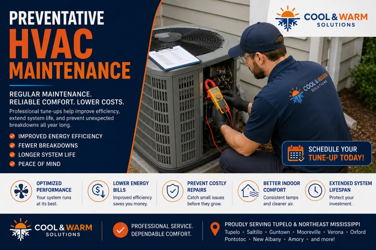 HVAC technician performing preventative maintenance on a residential air conditioning system in Tupelo, Mississippi.