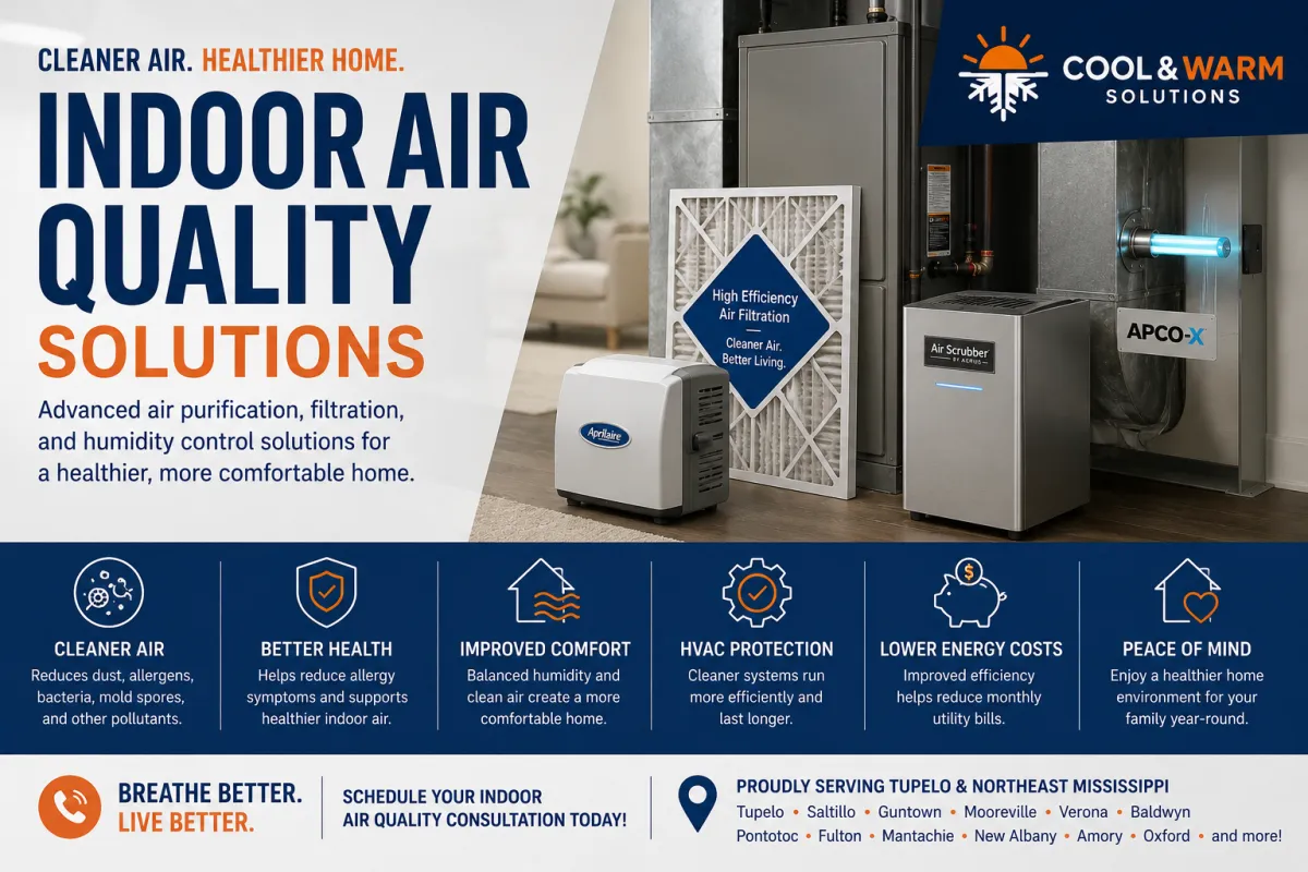 Whole-home indoor air quality system with high-efficiency air filtration, UV air purifier, and humidity control installed by Cool & Warm Solutions in Tupelo, Mississippi.