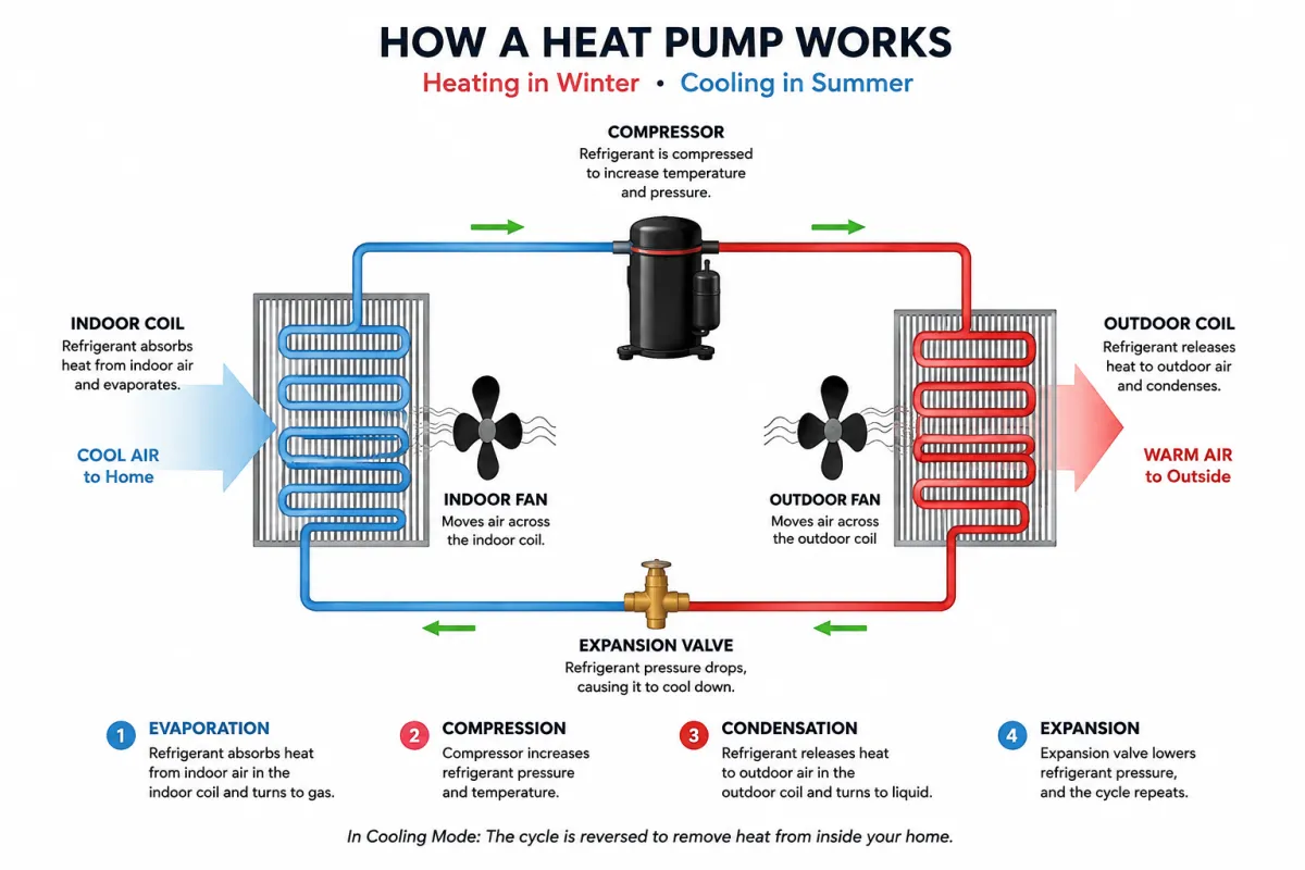 Diagram showing how a heat pump works to heat and cool a home in Saltillo, Mississippi