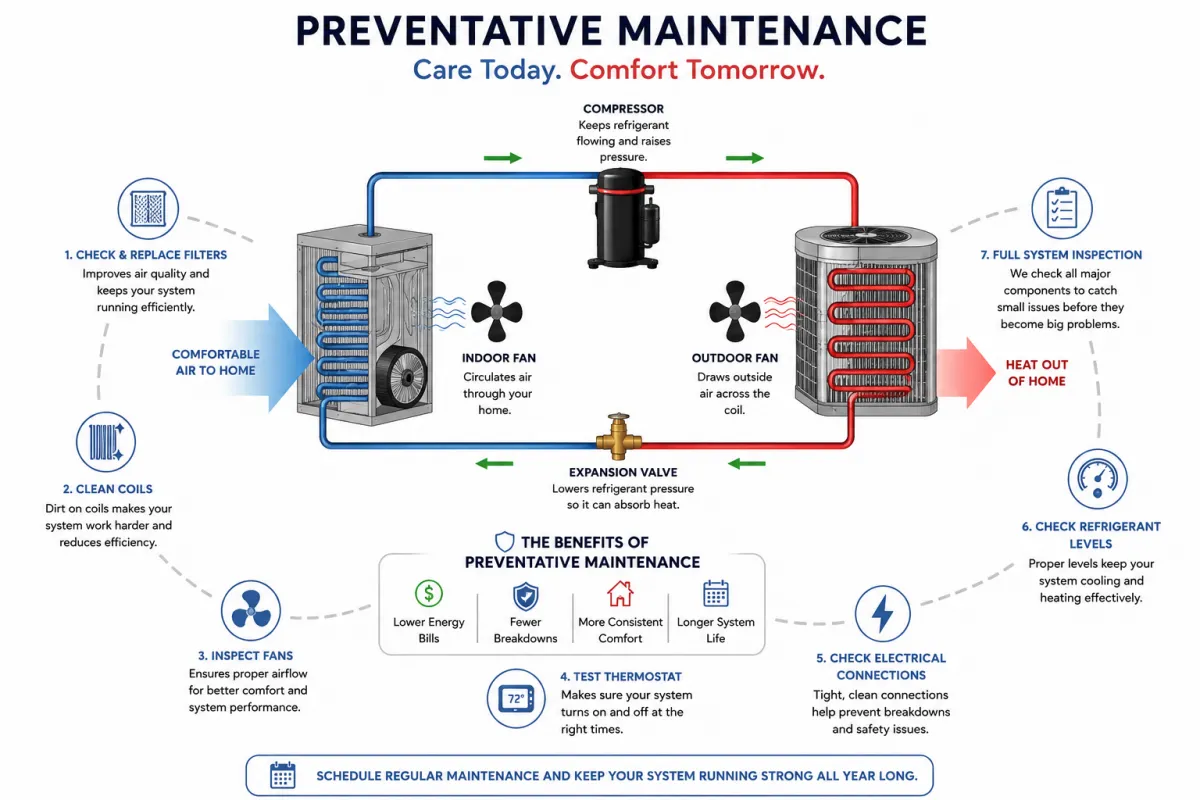 HVAC preventative maintenance diagram showing heating and cooling system maintenance for Saltillo, MS homes