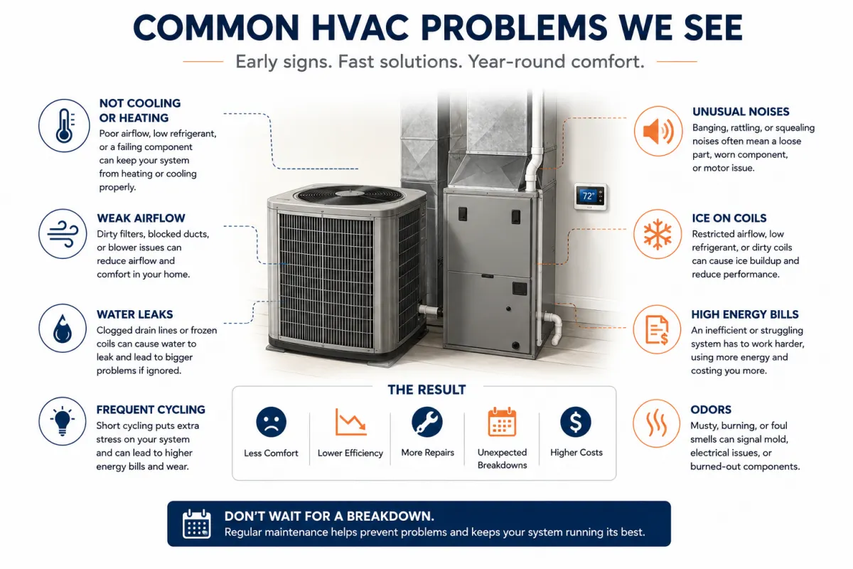 Common HVAC problems including weak airflow, water leaks, frozen coils, unusual noises and high energy bills in Saltillo, MS homes