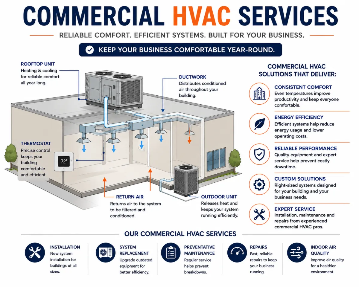 Commercial HVAC system diagram showing heating, cooling, ventilation and airflow for businesses in Saltillo, Mississippi