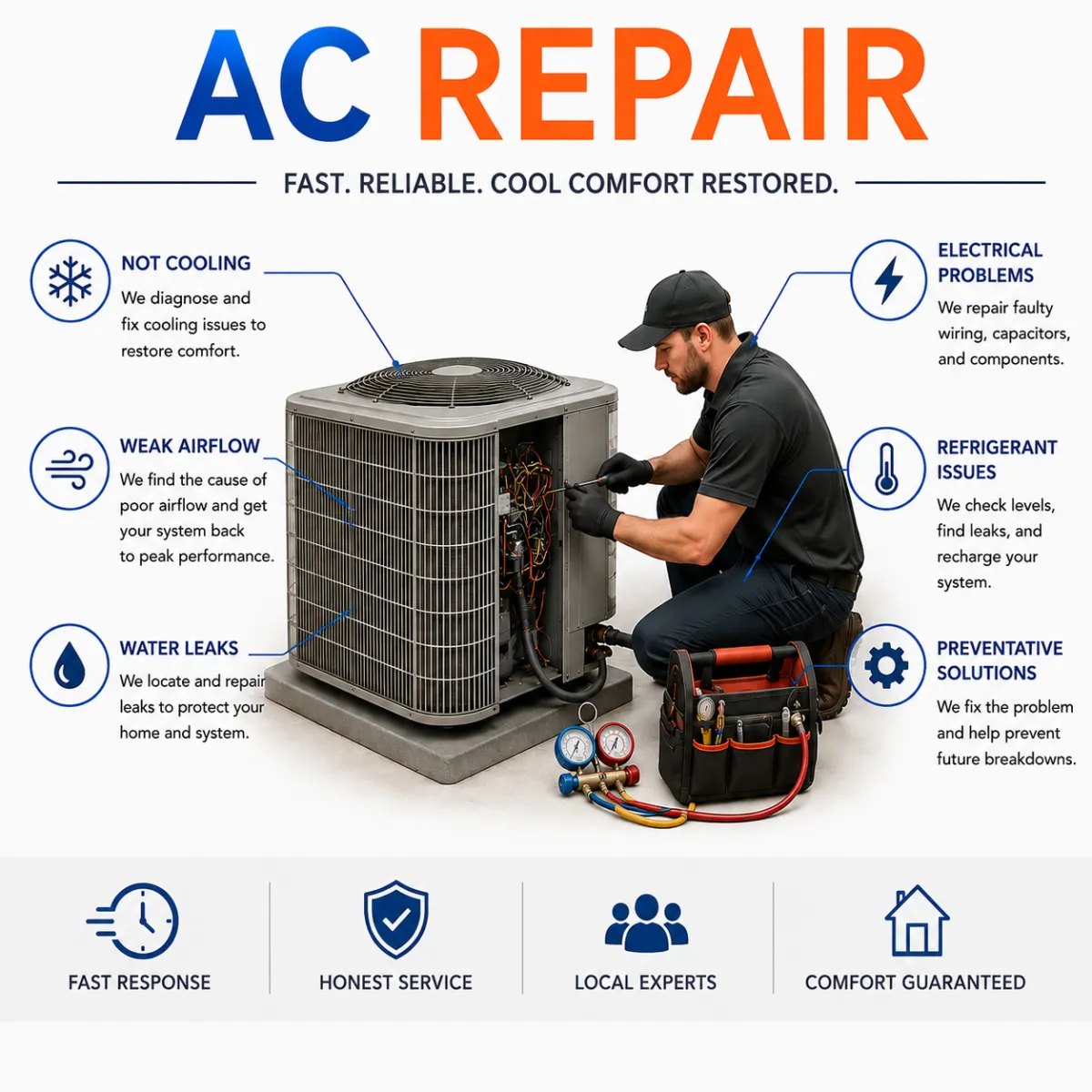 AC repair diagram showing common cooling problems and air conditioning repair services in Fulton, Mississippi