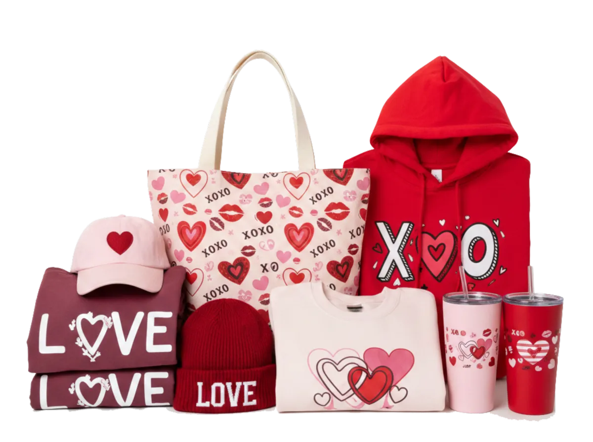 Valentine's Day themed apparel and accessories custom printed by WallaTees ustom Apparel - San Diego.