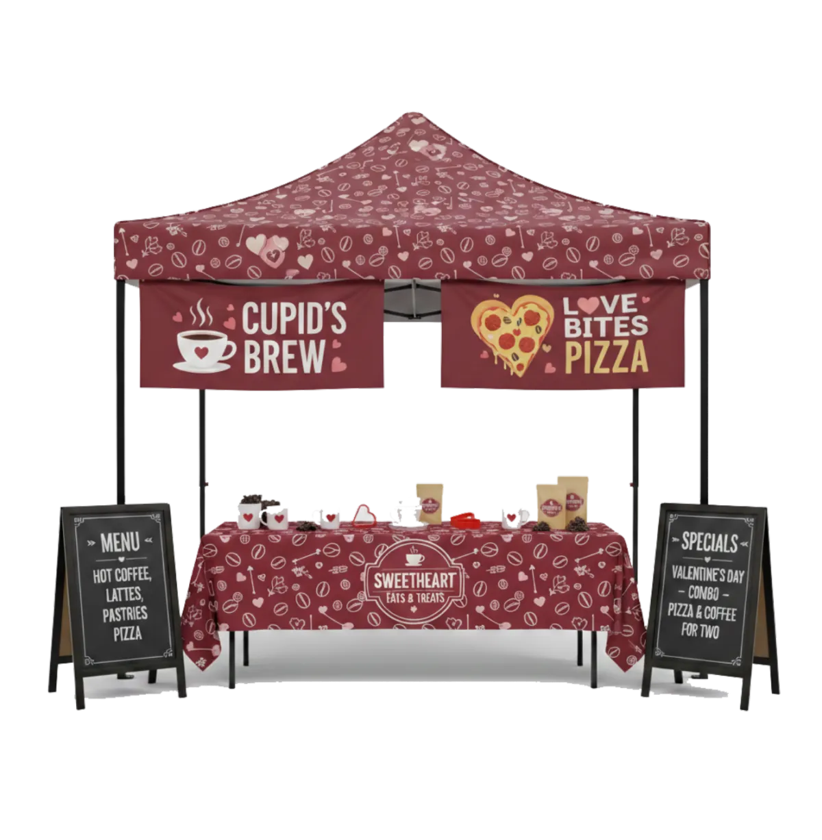 Custom printed Valentine's Day event display by WallaSigns, featuring a red "Happy Valentine's Day" canopy tent, matching heart-patterned table throw, vertical banners, and A-frame sidewalk signs.
