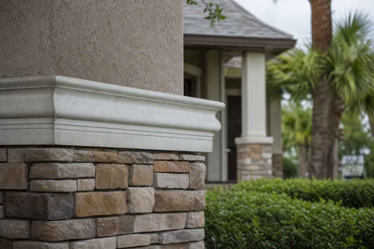 Detail shot of a Florida home's exterior — natural stacked stone at the column base meets a decorative cast-stone cornice, with the covered front entry and landscaping visible in the background