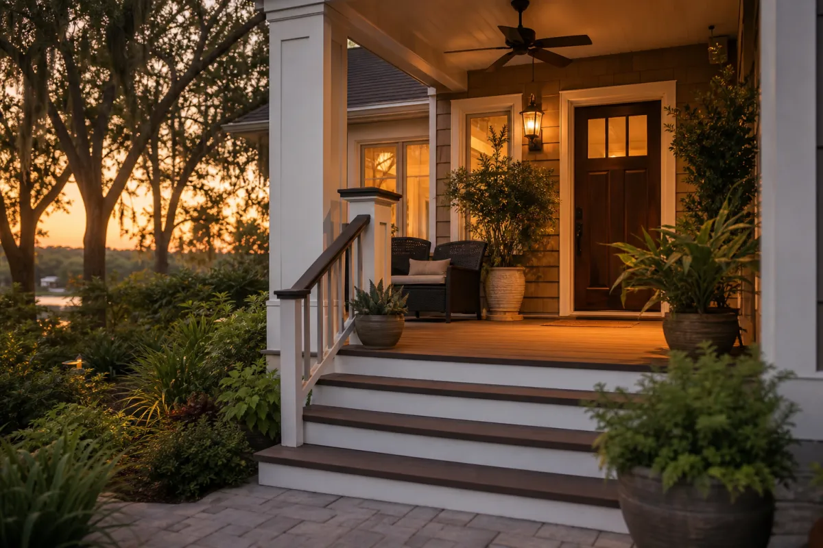 A home's front porch and entry at golden hour — white column and steps, a wood-look deck, wicker chairs, potted greenery, and a lit craftsman-style door, with oak trees and a sunset visible beyond the yard