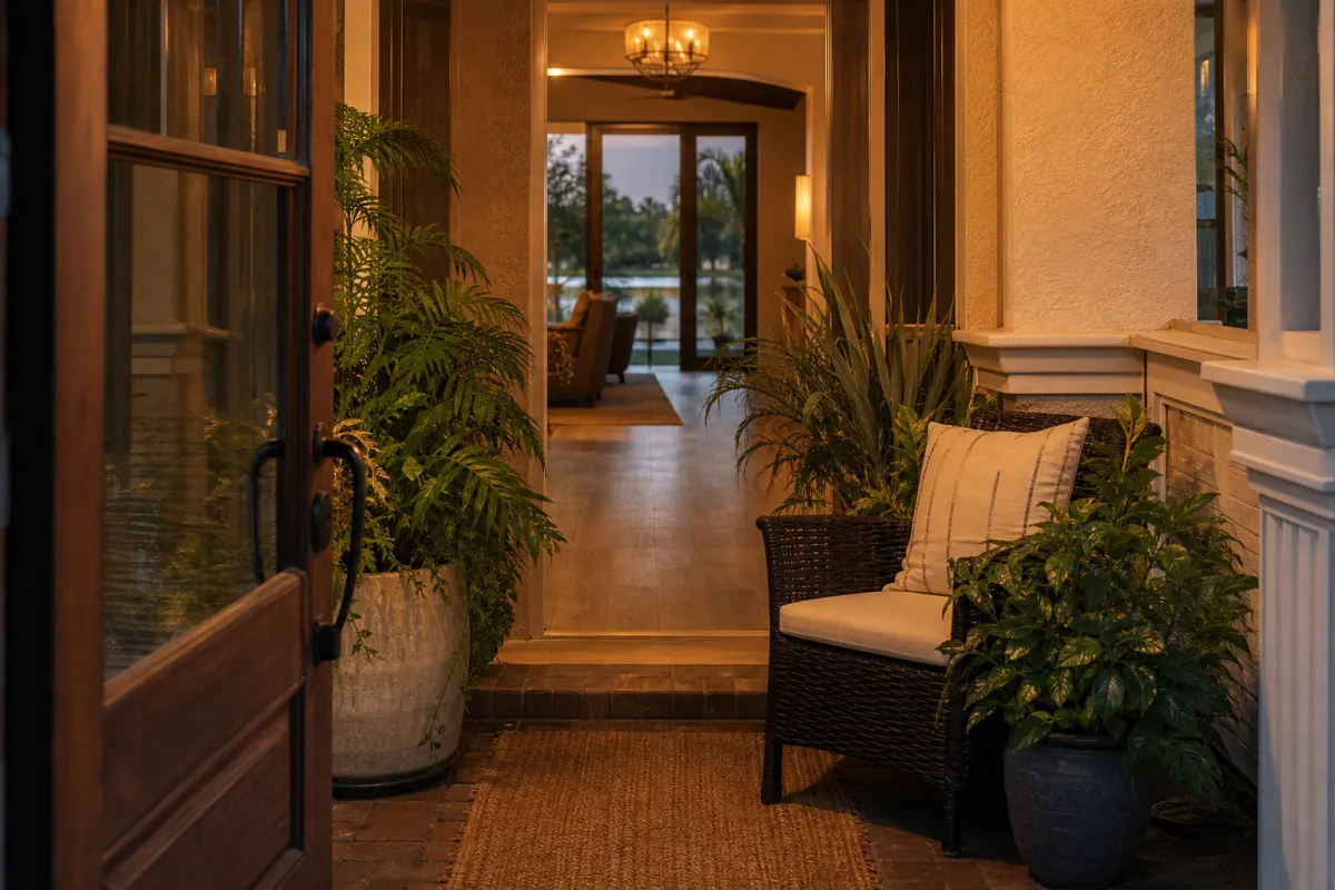Covered entry hallway of a home at dusk, with wicker seating and potted plants leading to a lit living area with a lake view beyond