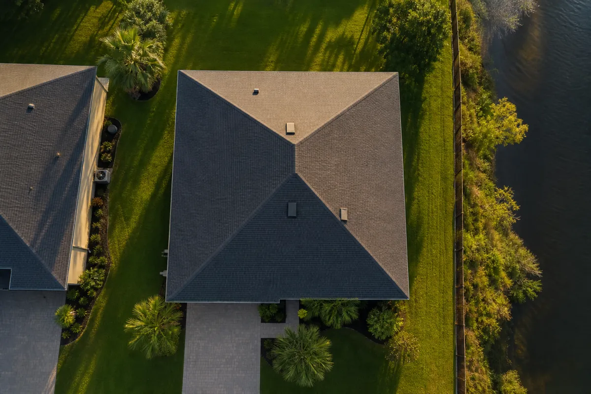 . A top-down drone shot of a single hip-roof home in a Land O' Lakes subdivision, with the four sloped roof planes lined up in the frame. Soft morning light, crisp shingle texture, and a calm, orderly mood. It points straight at the roof-geometry discount.
