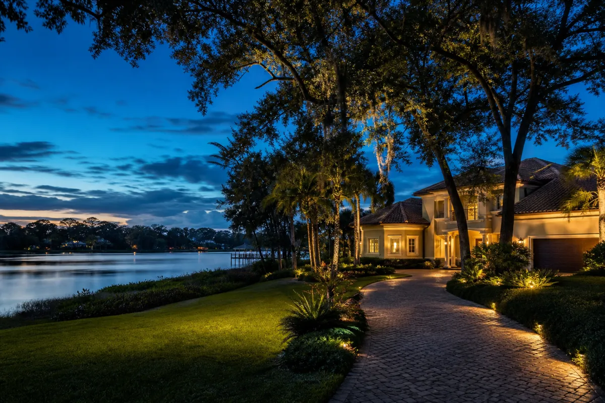 Twilight view of a two-story Florida home with stone and stucco exterior, illuminated landscaping, a two-car garage, and a palm-lined sidewalk down the neighborhood street