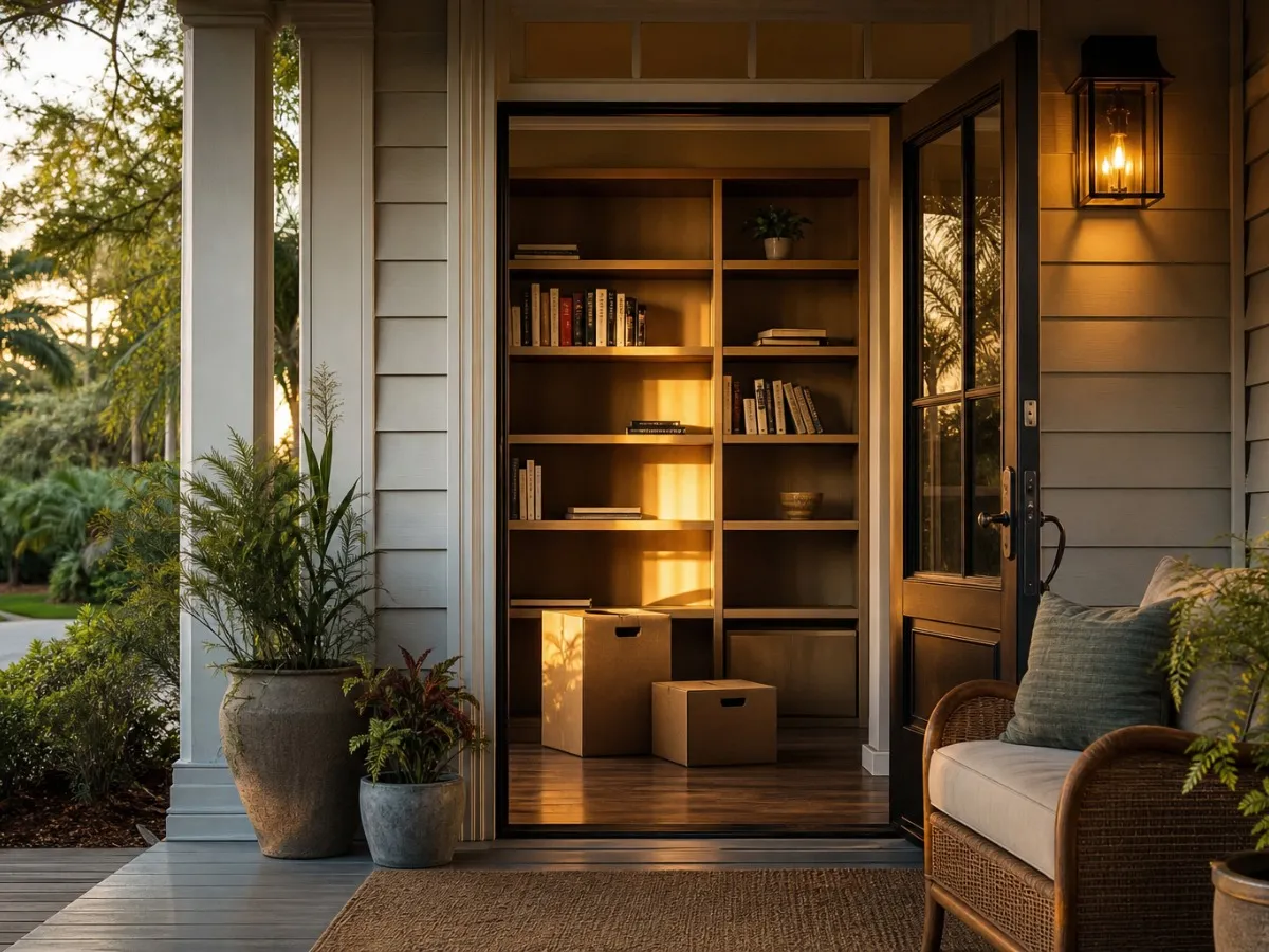 A built-in bookshelf with a few rows of books left and two neatly packed boxes on the floor in front of it. Warm window light and a reflective, deliberate mood rather than a chaotic one