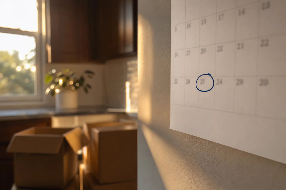 A close-up of a paper calendar pinned to a kitchen wall, with one date circled in navy ink and the numbers softly blurred. Moving boxes sit out of focus below it, in warm afternoon light.