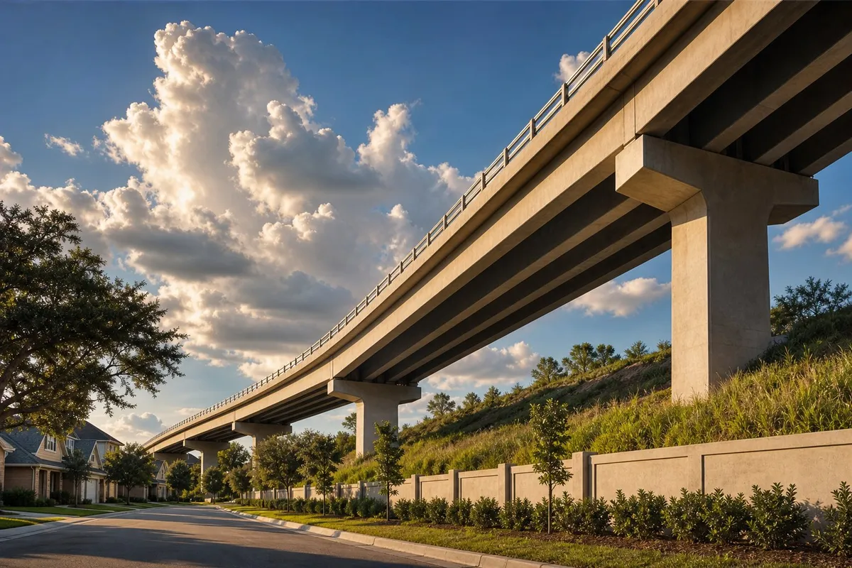 A low-angle shot of the new concrete overpass, all clean lines, against tall cumulus clouds.