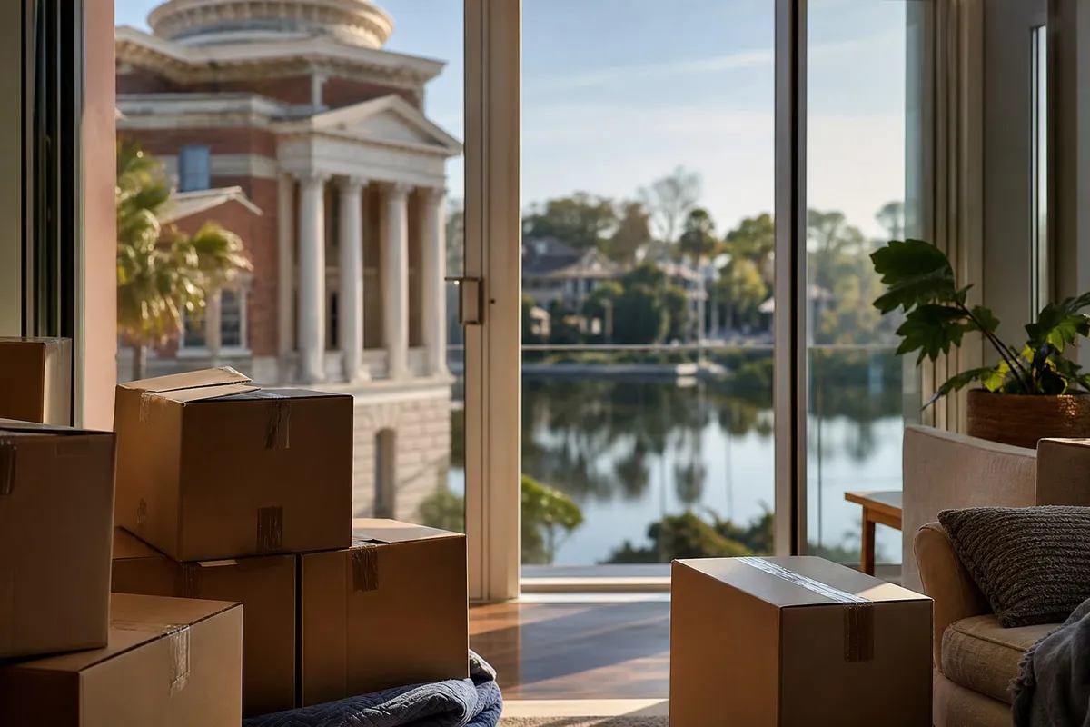 Taped moving boxes stacked in a sunlit Odessa-style living room, with a lake view softly blurred through a sliding glass door. Warm, transitional mood.