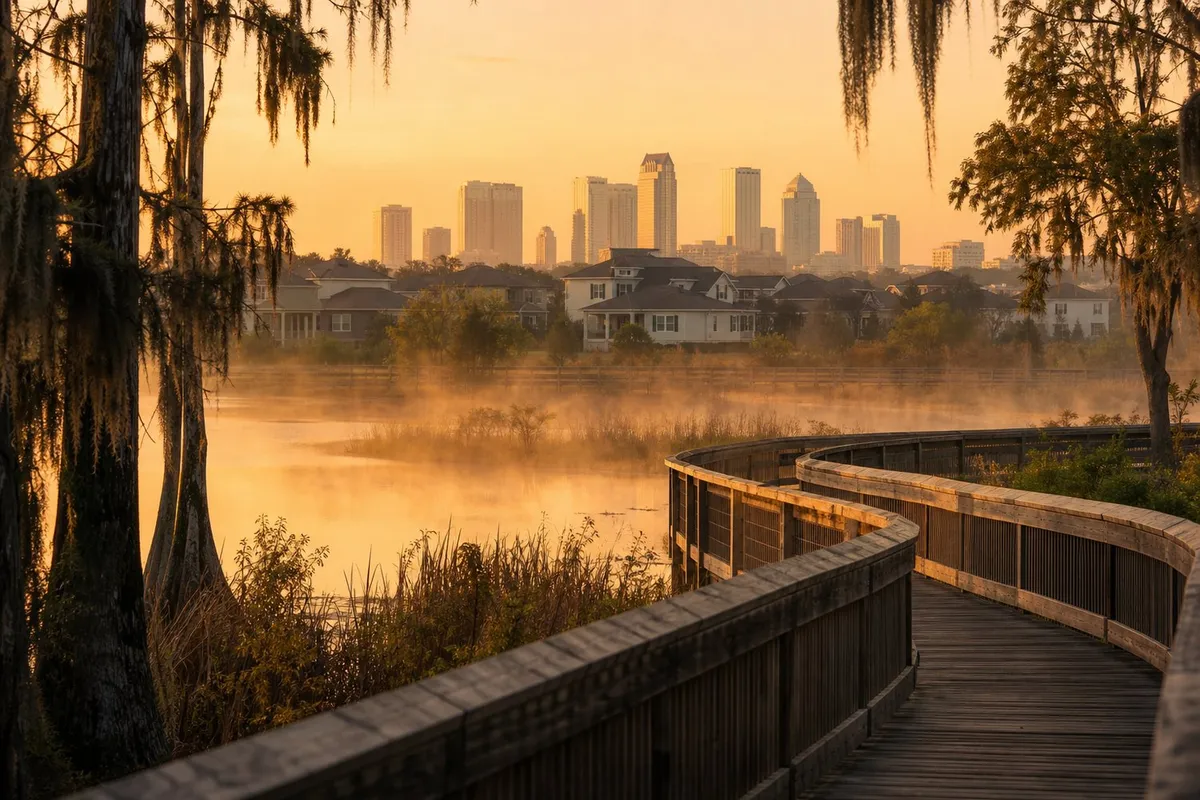 An empty wooden boardwalk curving through cypress and wetland, with mist on the water and soft gold light.
