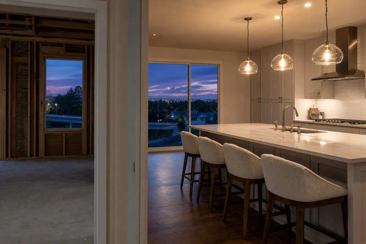 A model-home kitchen that’s a little too perfect. A staged island with pendant lights glowing, slightly overexposed and glossy, shot at an angle with the edge of a bare, unfinished room visible through a doorway.