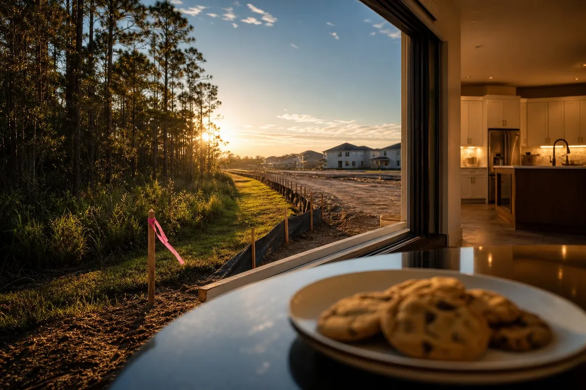 A tidy plate of cookies on a glossy sales-center table, slightly out of focus, with a model-home kitchen glowing behind it. It’s playful and a little knowing, and it ties to the closing line.