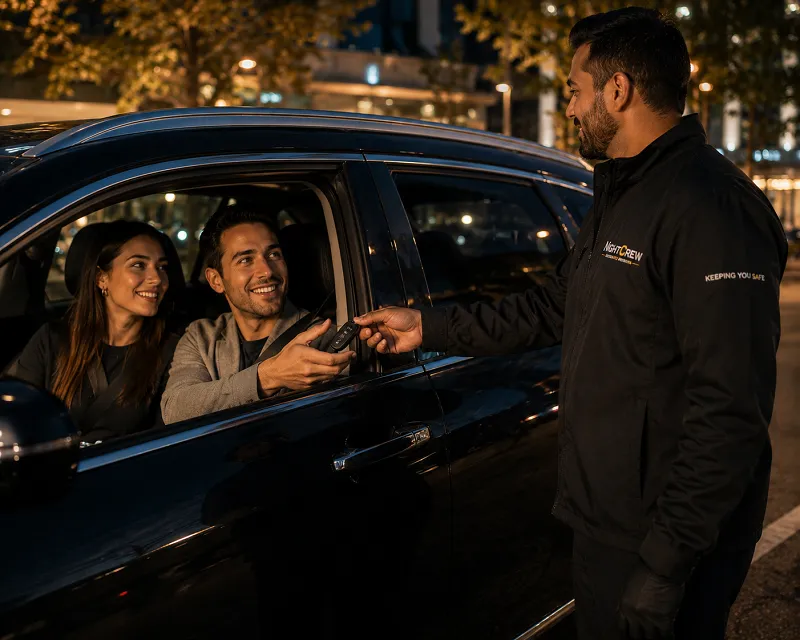 Driver opening car door for a passenger at night