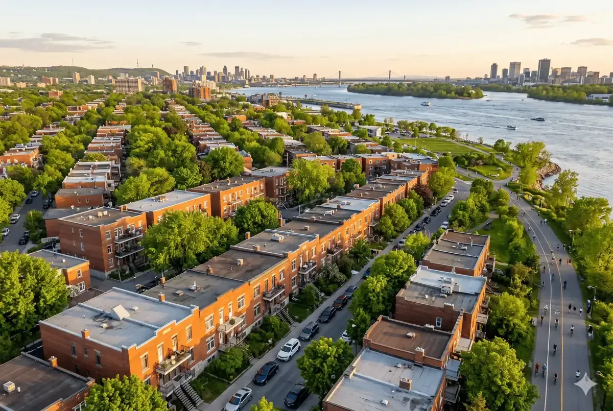 Vue aérienne de Verdun à Montréal, propriétés résidentielles et bord du fleuve Saint-Laurent au printemps
