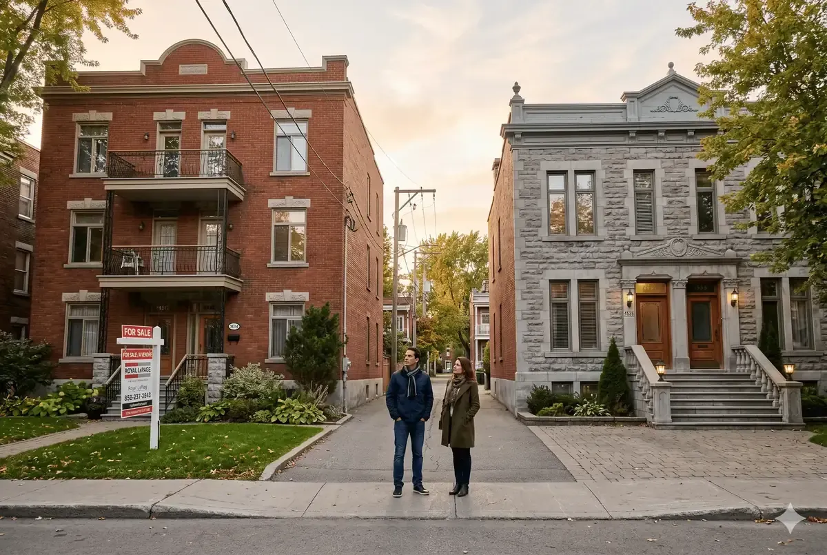 Couple québécois debout devant deux maisons à Montréal, décision de vendre ou acheter en premier