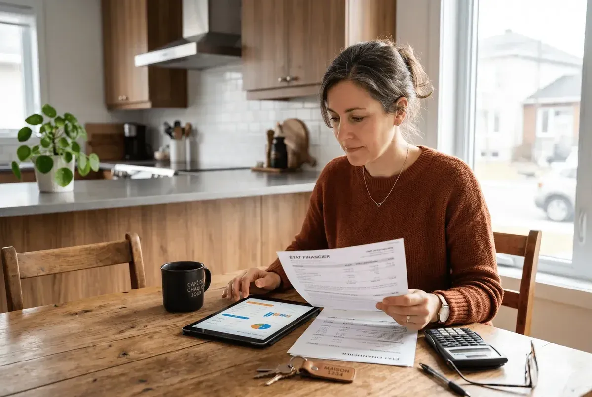 Vendeur québécois consultant un document financier à la table de cuisine, planification d'un prêt-pont
