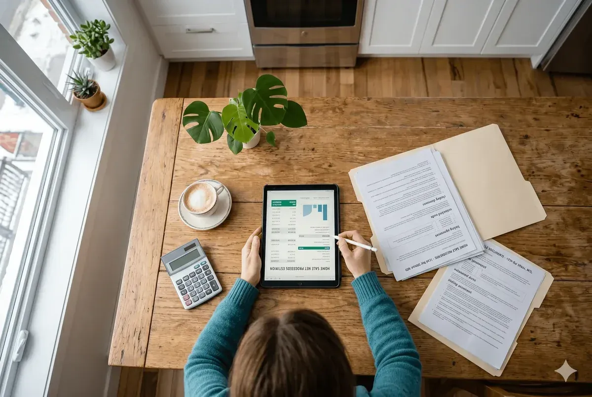 Femme québécoise utilisant un outil de calcul immobilier sur sa tablette à la table de cuisine