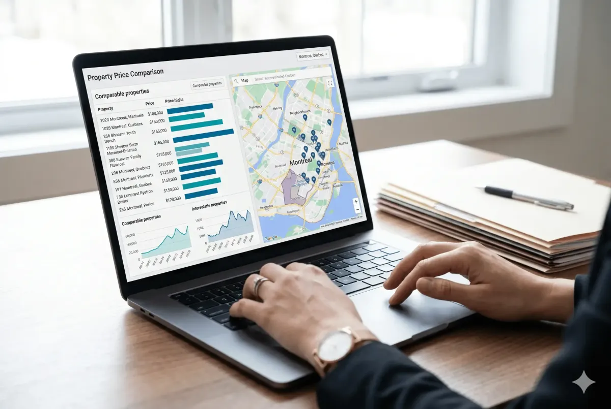 Courtière immobilière analysant un graphique de prix immobiliers à Montréal sur un ordinateur portable