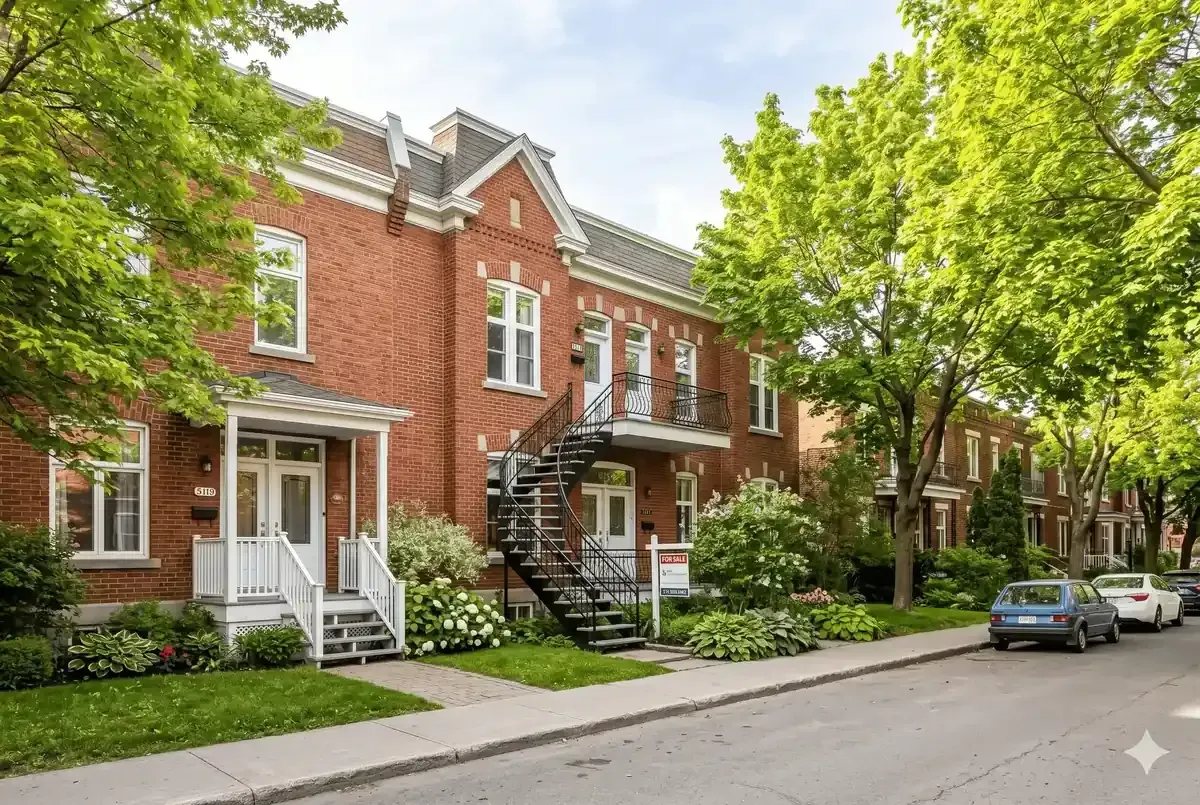 Façade de duplex en briques rouge sur une rue arborée de NDG, propriété typique à vendre à Montréal
