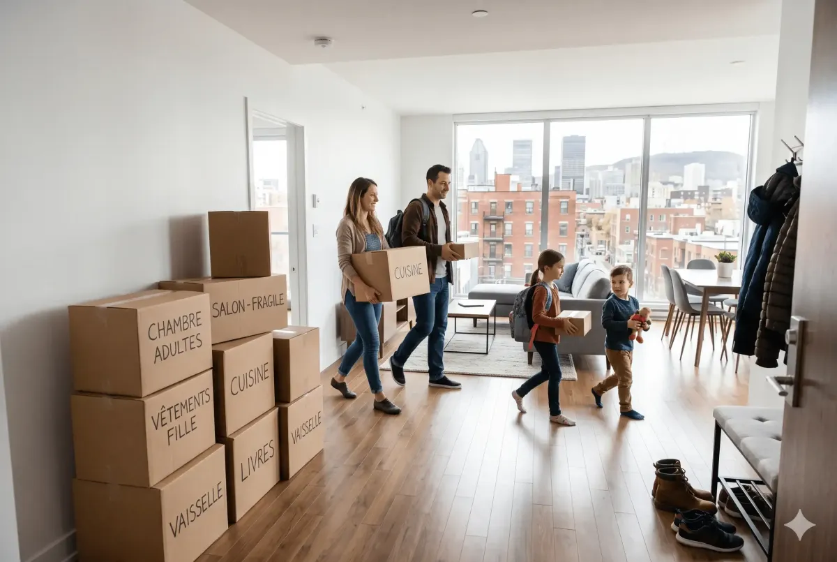 Famille québécoise déménageant avec boîtes dans un appartement temporaire à Montréal