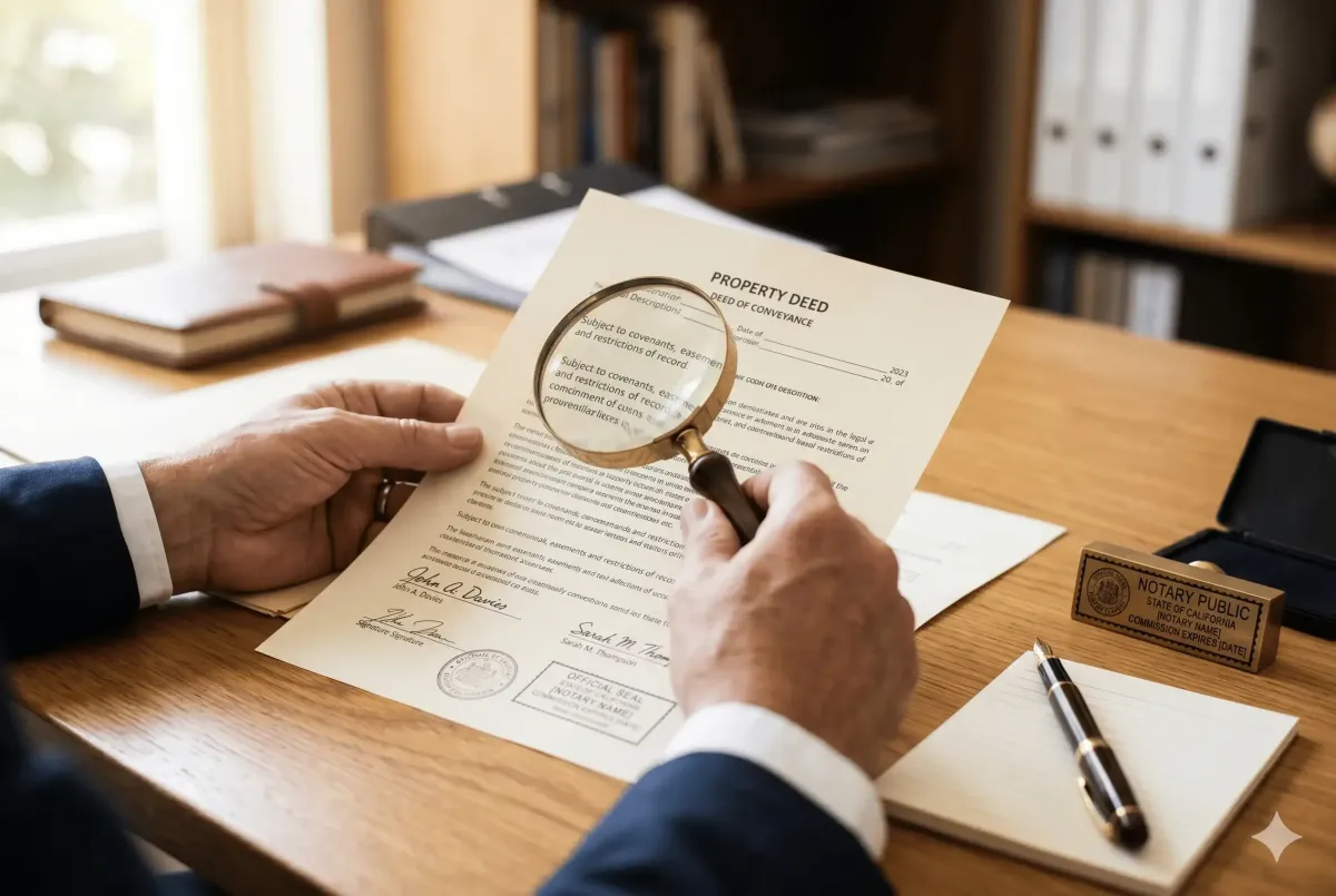 Notaire québécois examinant des documents légaux et un acte de propriété sur son bureau